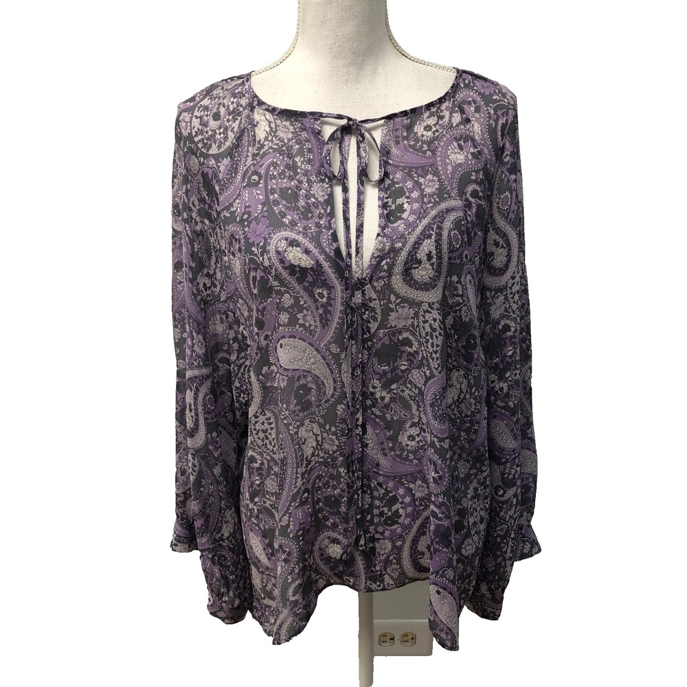 Nili Lotan Silk Blouse Top Womens‎ Small Purple Paisley Tie Long Sleeve Oversize